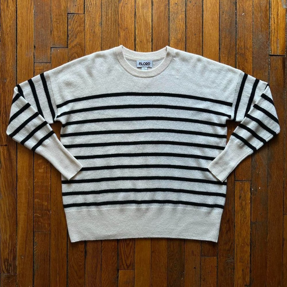 FILORO 2-Ply 100% Cashmere Cream and Black Stripe Crew Neck Sweater